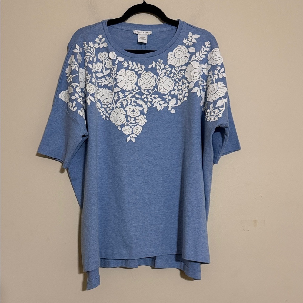 Joan Vass Blue White Floral Short Sleeve Top blouse women M/L appliqué boho y2k